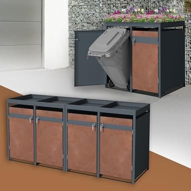 ML-Design Mülltonnenbox 4er mit Pflanzdach für 4 Tonnen, 240L 264x80x124 cm, Rost-Optik, Stahl, wetterfest, Abschließbare Mülltonnenverkleidung mit Tür, Müllbox Mülltonnecontainer Mülltonnenabdeckung