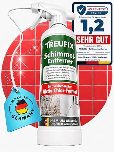 Treufix - Schimmelentferner [Verbesserte Aktiv-Chlor-Formel] Schimmelspray für Wand, Bad, Silikonfugen, Tapete u.v.m. gegen hartnäckigen Schimmel, Stockflecken & Schimmelpilz - Made in DE