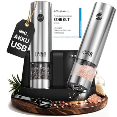 LEBENLANG Salz und Pfeffermühle Elektrisch - Wiederaufladbar & Viel Zubehör I Batterie Set I Pfefferstreuer Pfeffer und Salzmühle für grobes Salt