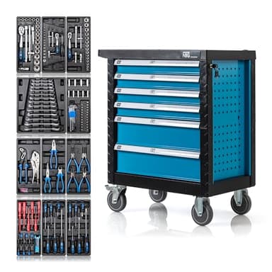 Werkzeugwagen bestückt mit Werkzeug 220 tlg. | 6 Schubladen | Abschließbar | davon 4 mit Werkzeug | kugelgelagerte Schubladen | Feststellbremse | Werkstattwagen gefüllt Werkzeugkasten Werkzeugkiste