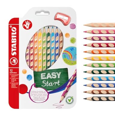 STABILO - Ergonomischer dicker Buntstift für Rechtshänder - EASYcolors - 12er Pack mit Spitzer