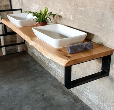 MyTimber® Waschtischplatte aus Eiche Massivholz | 4cm Starke Eichenbohlen | Ideal für Aufsatzwaschbecken | Baumkante oder gerade Kante (Baumkante - gespachtelt & geölt, 120x50cm)