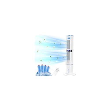 Klimaanlage Mobil, Klimagerät Ohne Abluftschlauch mit leisem Schlafmodus, Turmventilator 65 W, 1–24 Stunden Timer, 4 Modi, 60° und 360° Oszillation, 4 l Wassertank, mit 4 Kühlakku Fernbedienung