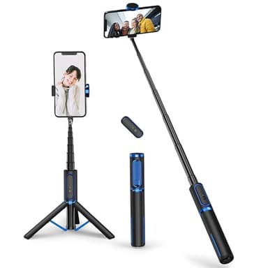 ATUMTEK Selfie Stick Stativ, 3-in-1 Ausziehbares Aluminium Handy Stativ mit kabelloser Bluetooth-Fernbedienung, Kompatibel mit iPhone 17/16/15/14/13/12 mini/11 Pro und Samsung Smartphones, Blau
