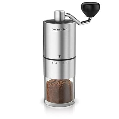 Arendo - Edelstahl Kaffeemühle manuell – Keramikmahlwerk – verstellbarer Mahlgrad 5 Stufen – Handmühle – durchsichtiger Behälter für Kaffee, Espresso, Mokka, Filterkaffee, French Press