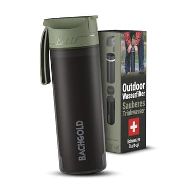 Bachgold® Profi Outdoor Wasserfilter Flasche I Entfernt 99,99% aller Bakterien und filtert Mikroplastik, Partikel und Chlor I Blackout & Krisensicher (Grun, 500ml)