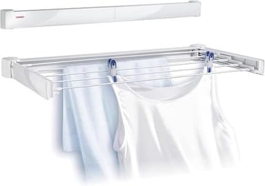Leifheit Wandtrockner Telegant 72 Protect, 7,20m Wäscheleine für kleine Haushalte, platzsparender Wäschehalter Wand, Wandwäschetrockner draußen und drinnen, Wäscheständer ausziehbar