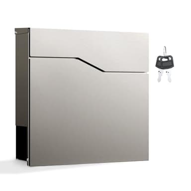 Wiltec Designer Briefkasten V19 Edelstahl 370 x 102 x 370 mm, Wandbriefkasten mit Schloss und Zeitungsrolle, Postkasten aus Stahl