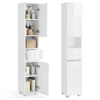VASAGLE Badezimmerschrank, Badschrank, Badezimmermöbel mit Einer Schublade, verstellbare Ablagen, offenes Fach, 30 x 30 x 170 cm, wolkenweiß BBC560P31