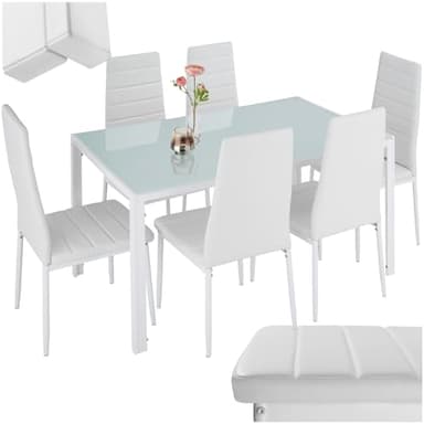 tectake® Küchentisch mit Stühlen, Esstisch und 6er Set Esszimmerstühle, Küchenstühle modern, Sitzgruppe Küche, Küchenmöbel, Hochglanz Glastisch, Esszimmer, Essstühle für Küchentresen - weiß/weiß