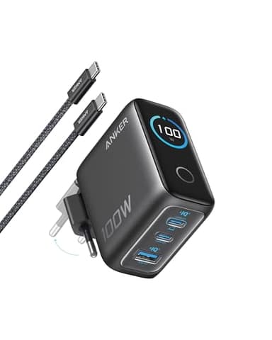 Anker 100W USB C Ladegerät, Laptop Ladegerät, kompaktes 3-Port GaN Wandladegerät, Smart Display, Touch-Steuerung, Für MacBook, iPad, iPhone 17/16/15 Serie (USB-C Kabel inklusive)