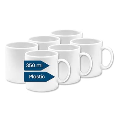 Kaffeebecher Kunststoff (6er Tassen Set, Groß, Weiß, 350ml) - Becher aus Plastik mit Henkel für Camping - Trinkbecher Kinder und Senioren (Mehrweg - BPA frei - Spülmaschinenfest - Für Mikrowelle)
