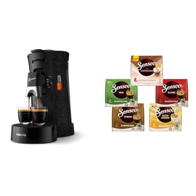 Philips Senseo Select ECO-Kaffeepadmaschine Bundle mit 66 Kaffeepads,3 Kaffeespezialitäten, Memo-Funktion, Crema Plus, Intensität Plus, aus recyceltem Plastik, 0,9L, Schwarz Eco (CSA240/20)