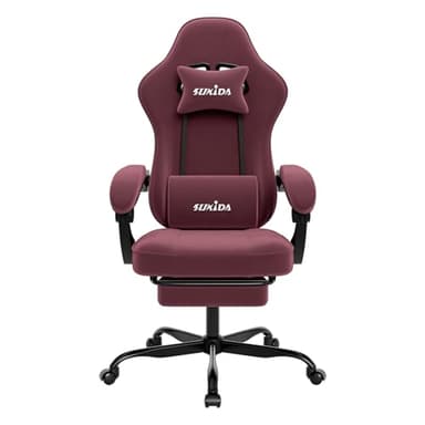SUKIDA Gaming Stuhl, Ergonomischer Gaming Chair mit Fußstütze, Verstellbarer Racing Computerstuhl mit Lordosenstütze, Rot Ergonomisch Stoff PC-Stuhl