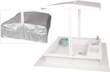 WONDERMAKE® Design Sandkasten mit Matschküche, Dach, Abdeckung Oxford 420D, Vliesfolie, Sandkiste Holz quadratisch verschließbar Outdoor Garten für Kinder, weiß Silber