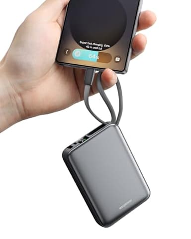 Eazpower Powerbank 45W Schnellladefunktion 20,000mAh mit USB-C Kabel integriert, Externe Handyakkus Leicht Klein Aber Stark für iPhone 17/16 /15 Pro, Samsung S25 Ultra, Xiaomi - Raummetallsilber