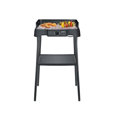 Severin Elektrogrill mit Standfuß, einstellbare Temperatur 35-200 Grad Celsius, schnelles Aufheizen, 38x22cm, Tischgrill mit Auffangschale, Edelstahl-Grillrost, Balkongrill, 2000W, schwarz, PG 8594