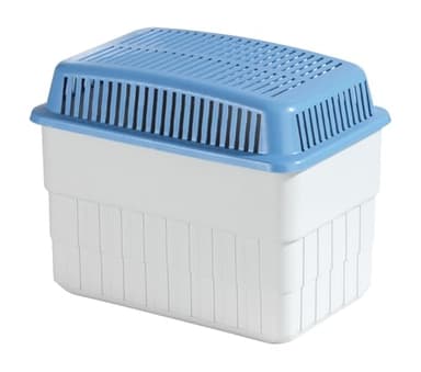 WENKO Feuchtigkeitskiller mit 1 kg Granulatblock, Raumentfeuchter, fasst bis zu 1,4 Liter Feuchtigkeit, laborgeprüft, nachfüllbar, reduziert Schimmel & Gerüche, 24 x 16 x 15 cm, Grau / Blau