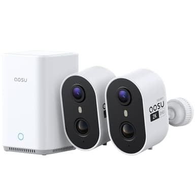 aosu 2K Überwachungskamera Aussen Akku 2er-Kit mit Aosubase 2.0 ohne ABO 32GB Lokal Speicher Kabellose Kamera Überwachug Aussen/Innen PIR Bewegungssensor Licht Tonalarm 2-Wege-Audio Farb-Nachtsicht