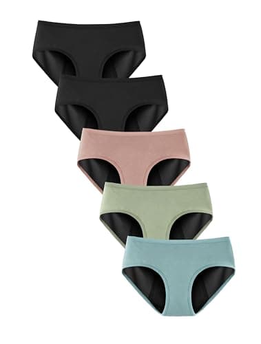 TIICHOO Periodenunterschwäsche Starke Blutung Weiche Bequem Damen Hipster Menstruationsunterwäsche 5er Pack(M, 2 Schwarz/Roségold/Matcha Grün/Türkis Grün)