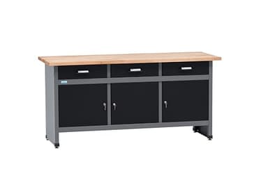 Küpper Werkbank 12159, 170x84x60 cm, 3 Schubladen, 3 Türen, 300 kg Traglast, 30 mm Massive Buchenarbeitsplatte (Schwarz, 170x84x60)