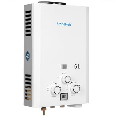 Durchlauferhitzer 6L, 12 kW Propan Butan Gas LPG Boiler – tragbarer Warmwasserbereiter für Außendusche, Garten, Camping, Wohnmobil & Sommerhaus, Sofort-Heißwasser, stufenlose Temperaturregelung