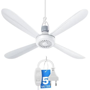 Bestlivings Mobiler Deckenventilator Weiß (5m XXL Kabel) mit Stecker und Schalter, 220V-240V / 5 Watt, Ø40 cm Decken Ventilator mit Aufhänger