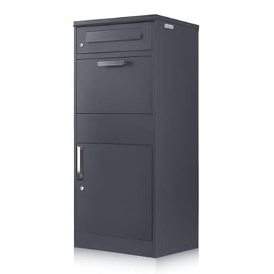 Zelsius Briefkasten mit Paketfach Neptun | pulverbeschichteter Stahl mit Edelstahl Elementen | RAL7016 Anthrazit | integrierte Rückholsperre | Bodenmontage | Paketbriefkasten, Paketbox, Parcel Box