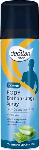 Depilan · For Men Body Enthaarungsspray / Enthaarungscreme zum Aufsprühen für den Mann / Männer · Enthaart den gesamten Körper: Rücken, Brust, Arme, Beine, Achseln und mehr · 1 x 200ml