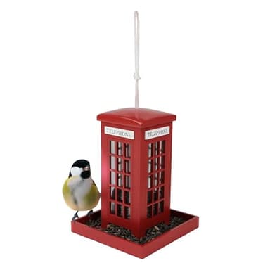 Vogel Futterstation rote Telefonzelle zum Aufhängen - 21 x 15 cm - Vogelfutterspender mit Sitzstange für Wildvögel - Garten Deko Vogelhäuschen Vogelhaus Futterstelle Futterspender
