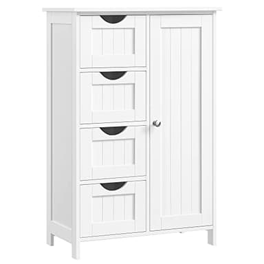 VASAGLE Badezimmerschrank, schmaler Badschrank, Beistellschrank, Kommode, mit 4 Schubladen, Schranktür, verstellbare Ablage, 30 x 55 x 82 cm, weiß LHC41W
