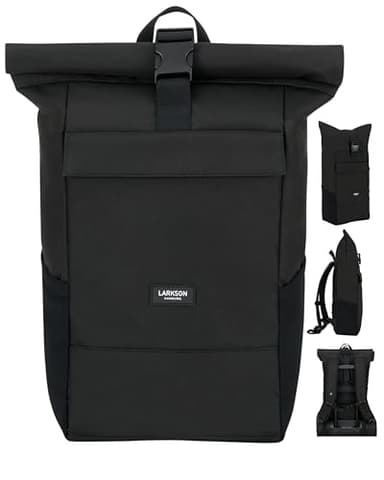 LARKSON Rucksack Herren & Damen Schwarz - No 4 - Rolltop Backpack mit Laptopfach für Uni, Arbeit & Fahrrad - Großer Reiserucksack - Wasserabweisend