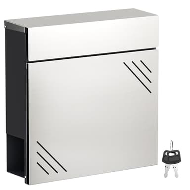 Wiltec Briefkasten Edelstahl V63 37 x 11 x 37 cm, Wandbriefkasten mit Zeitungsfach und Schlüssel