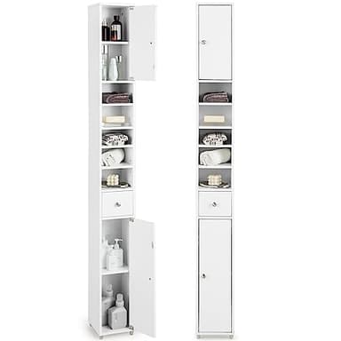 COSTWAY Badschrank Hochschrank schmal, Badezimmerschrank mit 2 Türen, 1 Schublade und verstellbaren Regalen, platzsparender Badregal für Badezimmer, Wohnzimmer, Küche, 20 x 20 x 180 cm (Weiß)