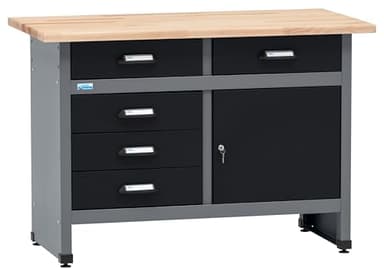 Küpper Werkbank 12049, 5 Schubladen, 1 Tür, 300 kg Traglast, 30 mm Massive Buchenarbeitsplatte (Schwarz, 120x84x60 cm)