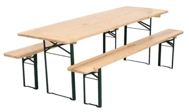 METRO Professional Bierzeltgarnitur, 3-TLG. Gartenmöbel Set, 1 Bier-Tisch 220 x 70 cm, 2 Bierbänke 220 x 25 cm, Klappbar, Naturbraun/Grün