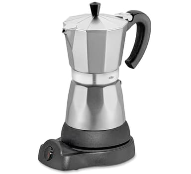 cilio Espressokocher Classico für 6 Tassen | elektrisch 480W | Ø 11,5 cm Höhe: 25 cm | Aluminium | Silber | integrierte Herdplatte | mit Warmhaltefunktion und Reduziersieb | für Reisen oder Camping