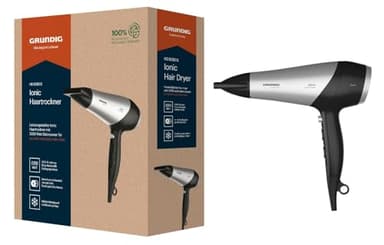 GRUNDIG HD 6080 L Haartrockner 2200 W, Föhn, Ionen Funktion, 3 Temperatur- und 2 Luftstromstufen, Kaltstufe, Keramikbeschichtung, 1,8 m Kabel, Schwarz/Silber