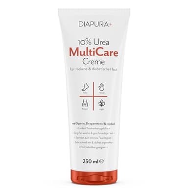 DIAPURA 10% Urea MultiCare Creme – Körpercreme bei trockener & juckender Haut | Mit Glycerin, Dexpanthenol & Jojobaöl | Für Körper, Füße & Hände | Auch für Diabetiker | 250 ml