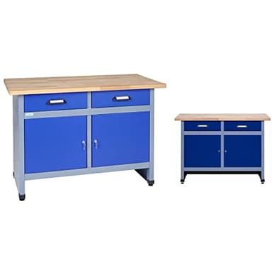 Küpper Werkbank 12057 ultramarinblau, 120x84x60cm, 2 Schubladen, 2 Türen, 300 kg Traglast, 30 mm Massive Buchenarbeitsplatte
