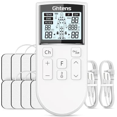GHTENS TENS Gerät Schmerztherapie, 5-in-1 Reizstromgerät (TENS/EMS/IF/RUSS/DIY) zur Schmerzlinderung durch elektrische Nervenstimulation, mit 80 Massageprogrammen, 2 Kanäle und 8 Stück Elektroden Pad