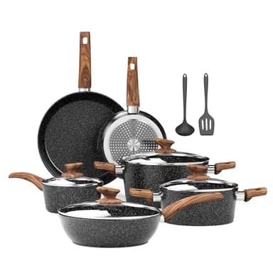 Kitchen Academy Induktion Töpfe Set - 12-teilige Schwarze Granit Kochtöpfe Set,Antihaft Topfset und Pfannen Set,PFOA & PFOS-freie