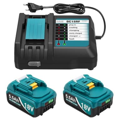 DC18RF Ladegerät + 2Stücke Ersatzakku für 18V Akku 5500Ah Kompatibel 18 V Li-Ion Ersatzakku BL1815 BL1830 BL1840 BL1850 BL1860 BL1890 BL1415 BL1430 BL1440