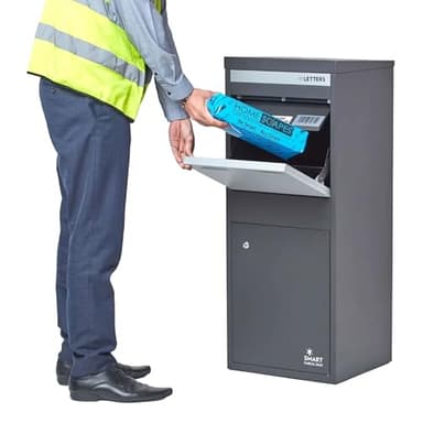 SMART PARCEL BOX Paketbox draußen, Standbriefkasten mit Paketfach, Paketbriefkasten XXL, große Postbox für Pakete Outdoor, Paketkasten Entnahme hinten & vorne, rostfrei, verzinkter Stahl, grau