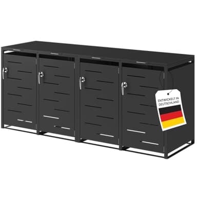 STEELSØN Diorus Mülltonnenbox 4er bis 240L abschließbar – Hochwertige Mülltonnenverkleidung für 4 Tonnen – Müllbox Stahl – Müllcontainer Schwarz - Mülltonnen Box wetterfest – Gerätebox mit Schloss