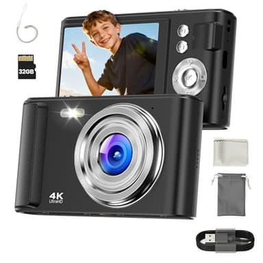 Digitalkamera 4K 48MP - Digital Kamera mit 16X Digitalzoom für Kinder - Autofokus Kompaktkamera Mini- Fotoapparat mit 32GB Karte - Fotokamera mit 1000mAh Akku - Digital Camera Schwarz für Teenager