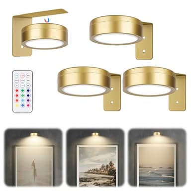 Bilderleuchte Kabellos – 3 Stück Batterie LED Wandleuchte für Kunstwerke, Magnetische Bildbeleuchtung Kabellos mit 13 RGB-Farben und Dimmfunktion, Vielseitig einsetzbar auch als Schrankbeleuchtung