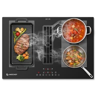AMZCHEF Induktionskochfeld mit Integriertem Dunstabzug, 4 Kochzonen, 7200W Gesamtleistung, 650m³/h Automatische Hob2Hood-Belüftung, 9 Leistungsstufen, Timer & Kindersicherung, Boost & Flexzonen