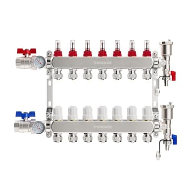 VANCOCO Heizkreisverteiler Edelstahl für 7 Heizkreise mit Eurokonus 16 × 2 mm, Fußbodenheizung Verteiler, Schnellentlüfter Set, 1" Kugelhähne, Durchflussmesser