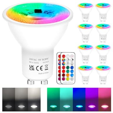 REYLAX GU10 RGB LED Farbwechsel Lampen, 5W Kaltweiß 3000K Dimmbar Glühbirne 50W Halogenlampen Gleichwertige, RGB Led Strahler Bunt, LED Spot Leuchtmittel mit Fernbedienung (8 Stück)